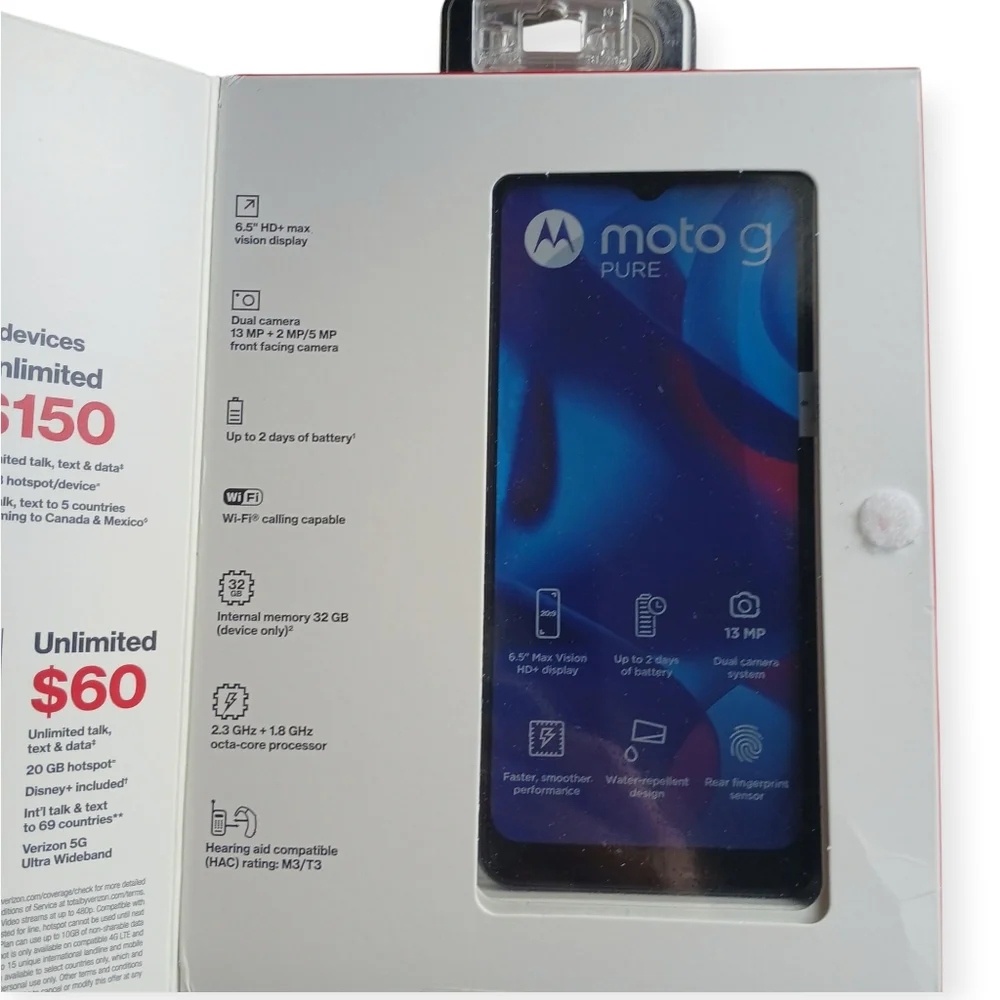 Moto G Pure Phone 32GB Blue Prepaid Smartphone XT2163DL Total by Verizon New